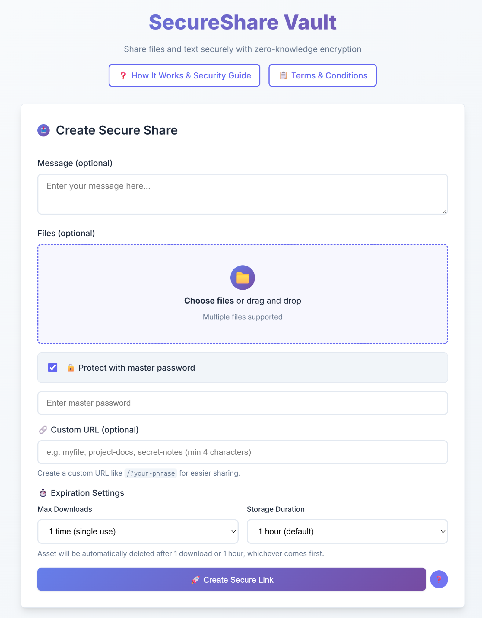 SecureShare Vault create interface showing empty file upload area and message input field