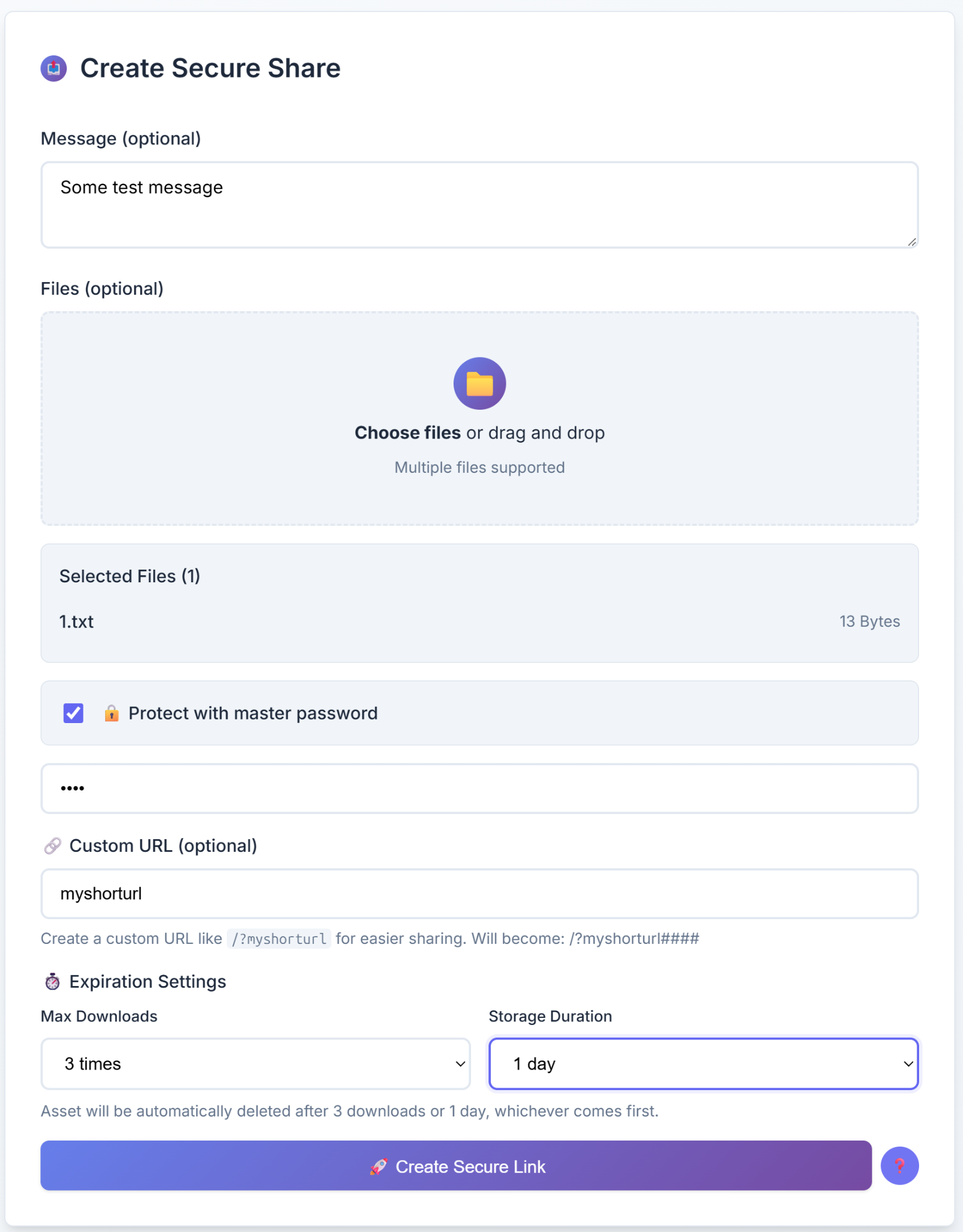 SecureShare Vault interface with uploaded files, password protection, and expiration settings configured