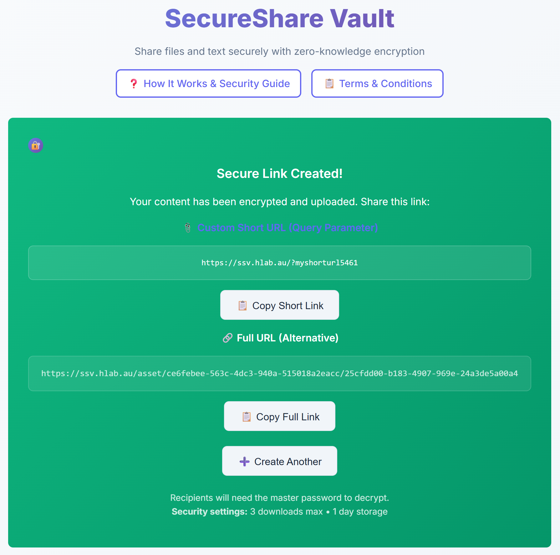 Generated secure links display