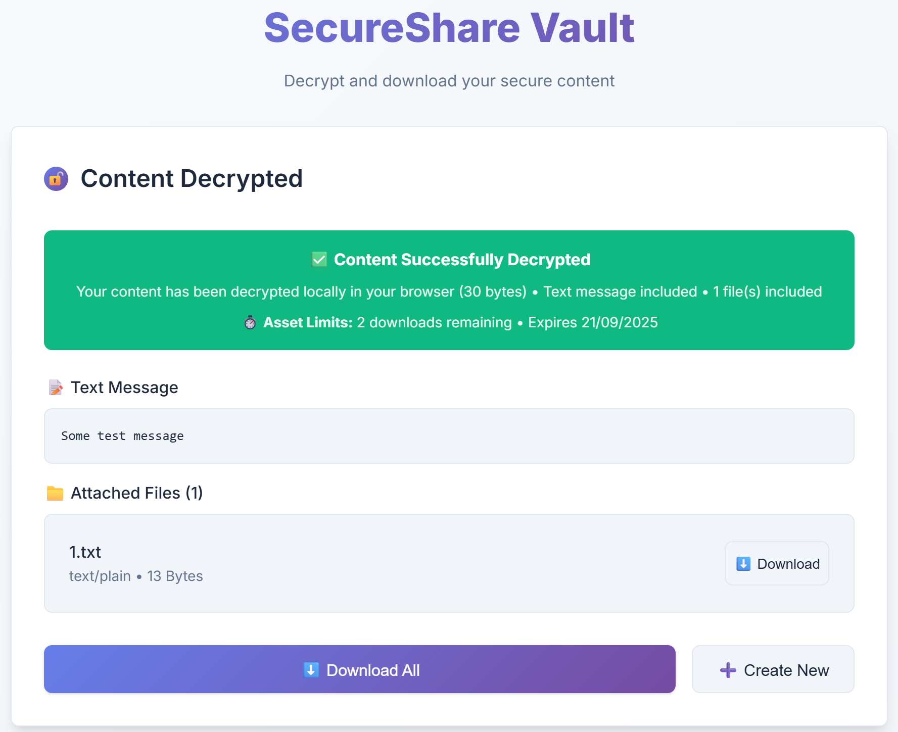 Decrypted content display with files and metadata